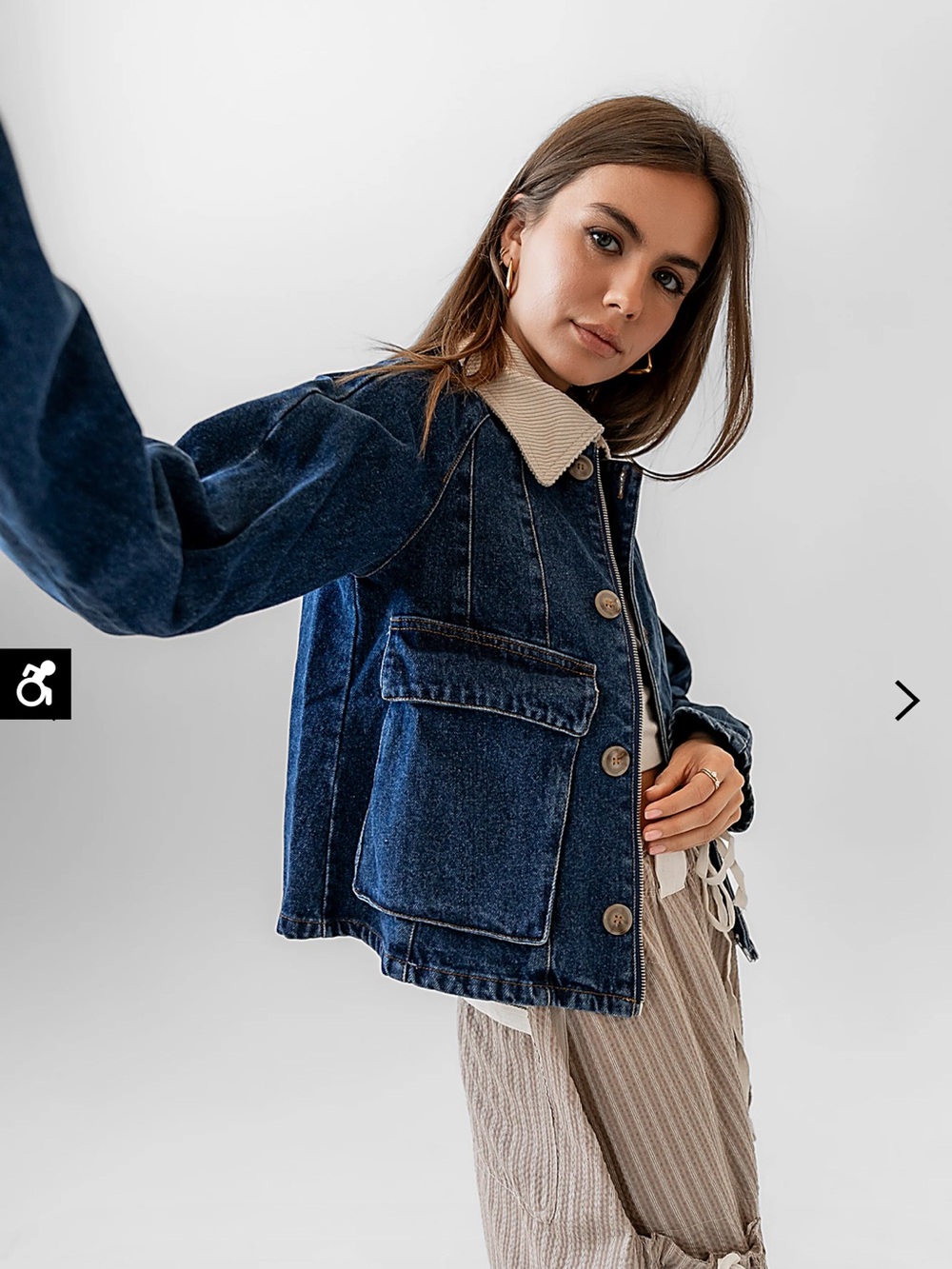 Denim Jacket with corduroy Collar - Dark Blue - Picture 3 of 3